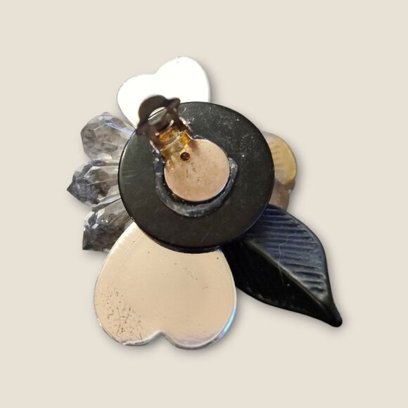 Vintage Gold & Clear Crystal Floral Clip-On Earrings Black Leaf Design Lightweig - Picture 6 of 6